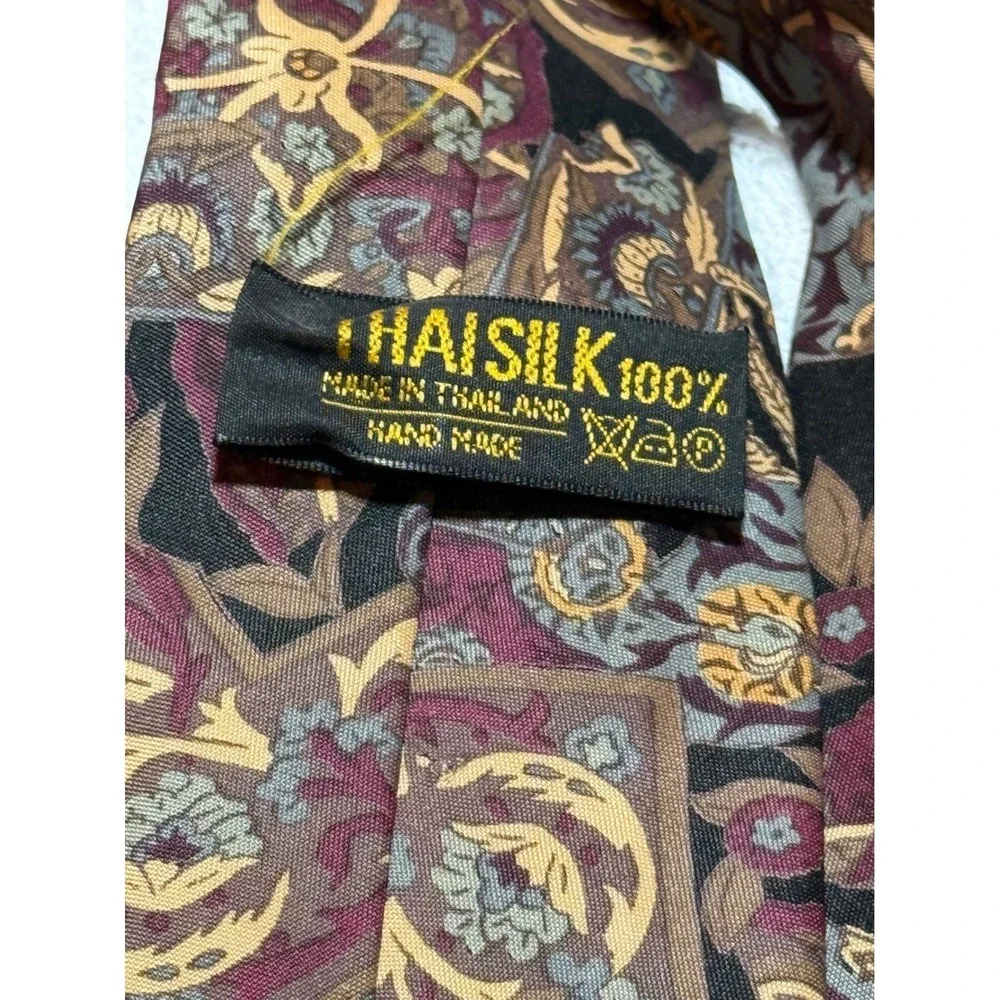 Thai Silk Mens Necktie Burgundy Gold Floral Paisley Hand Made 100% Silk Tie